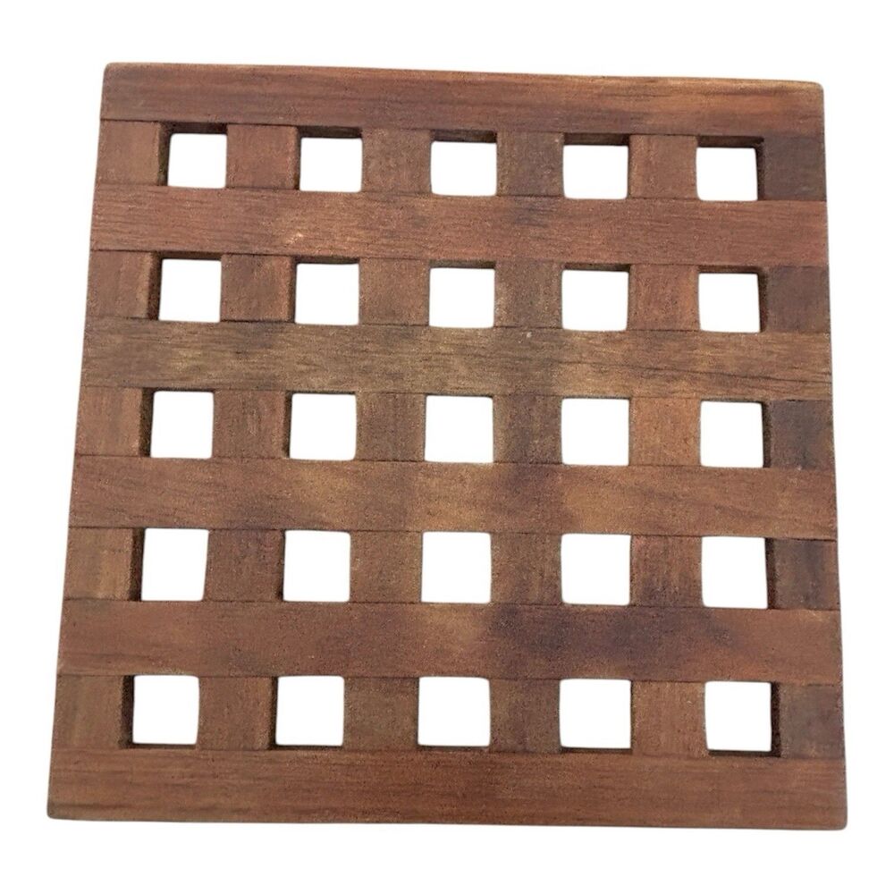 Vintage Teak Wood Trivet Lattice Hot Pad Square Mat 8x8 Mid Century Modern MCM